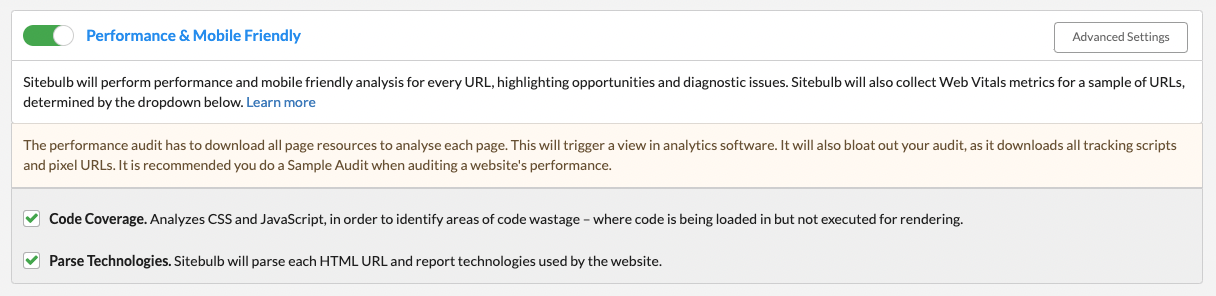 Screenshot from Sitebulb Performance & Mobile Friendly Crawler Settings, February 2025