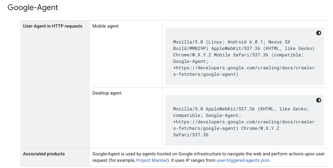 Table showing mobile and desktop HTTP User-Agent strings for the Google-Agent web crawler.