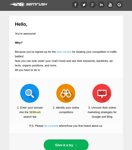SEMrush Welcome Email