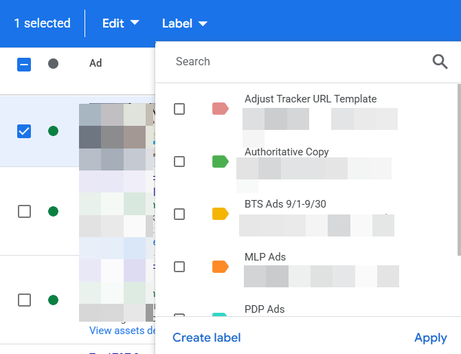 Google Ads label function.