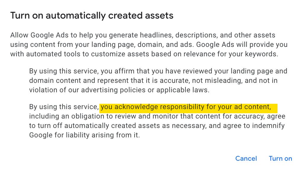 opt-in disclaimer for automatically created assets in Google Ads