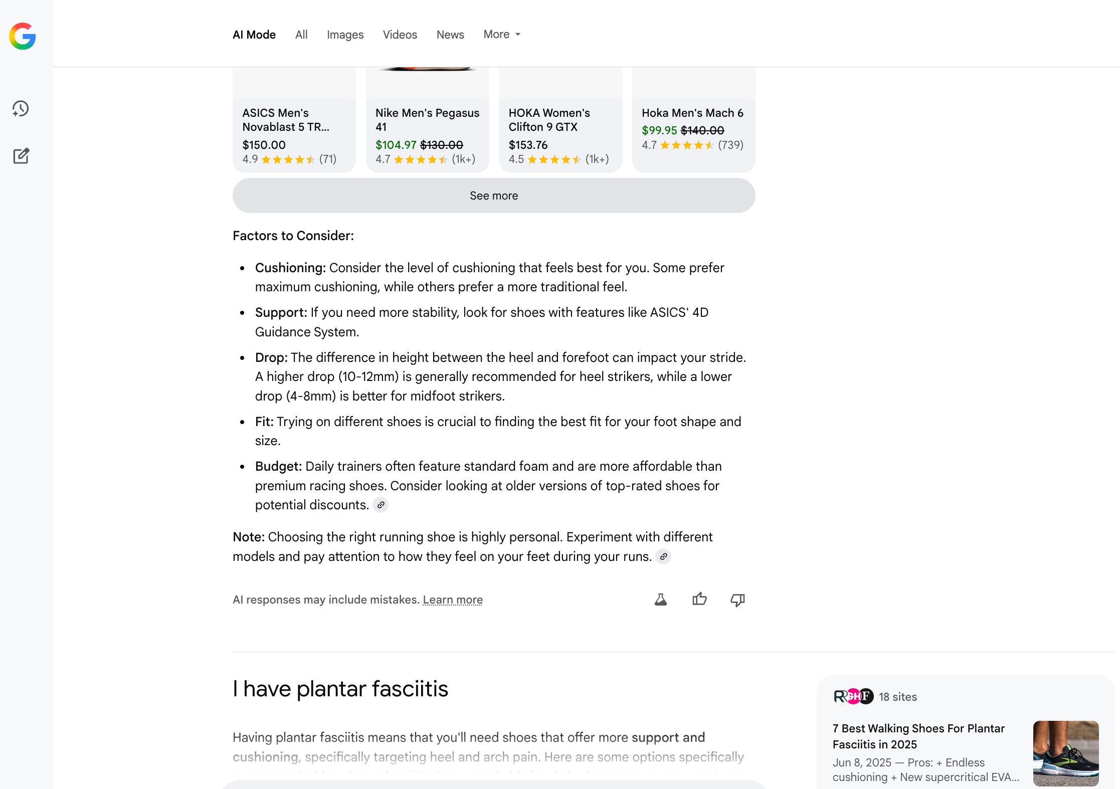 An example of Google AI Mode to research running shoes
