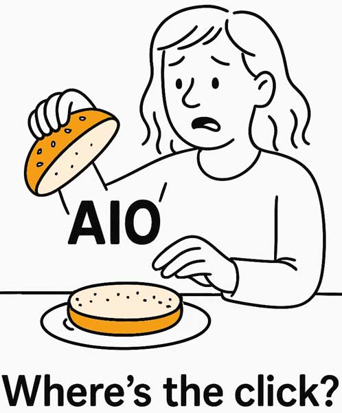 Line drawing of a woman opening a burger bun that's missing a burger and asking