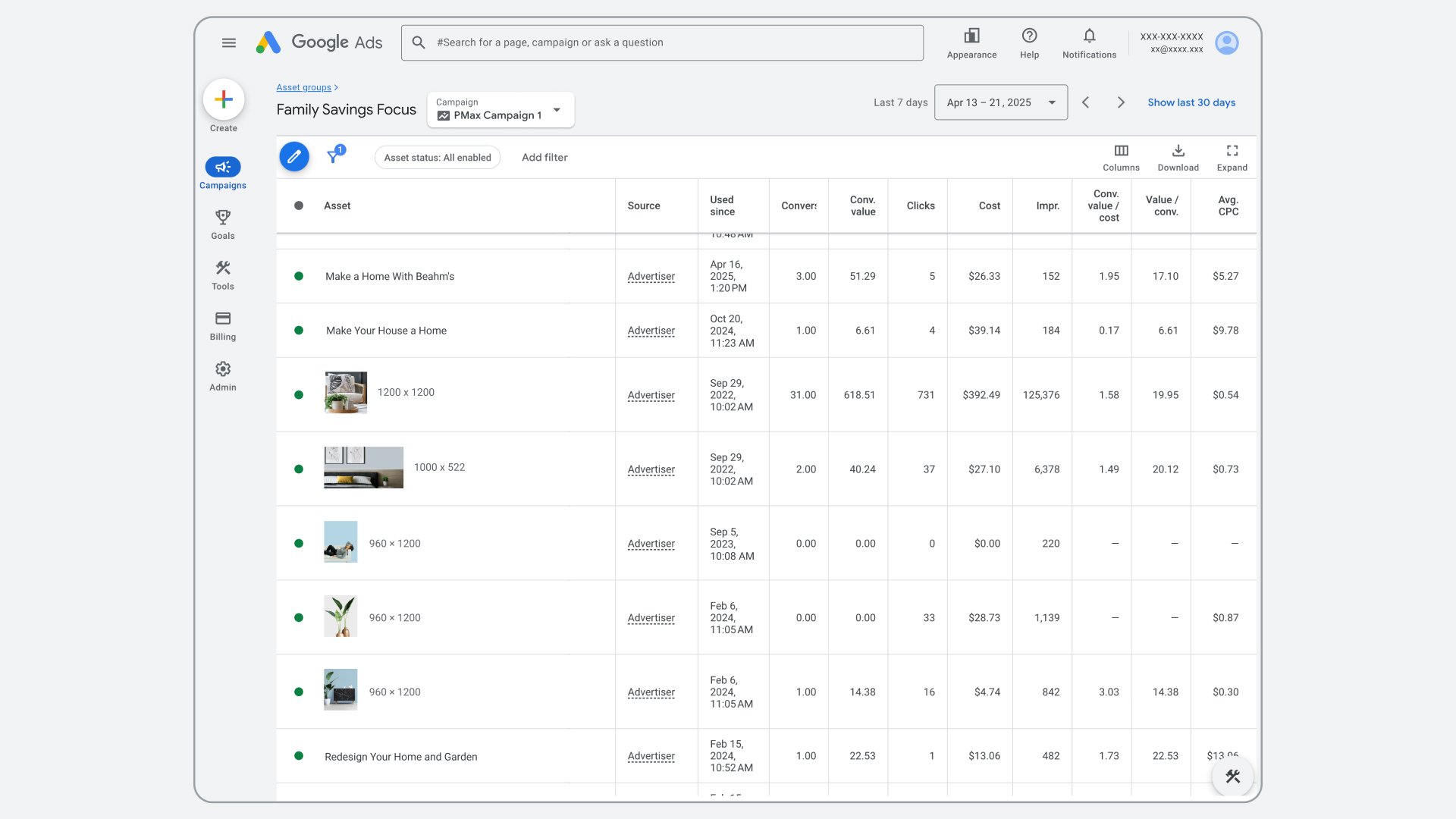 Example of expanded asset-level reporting in Performance Max.