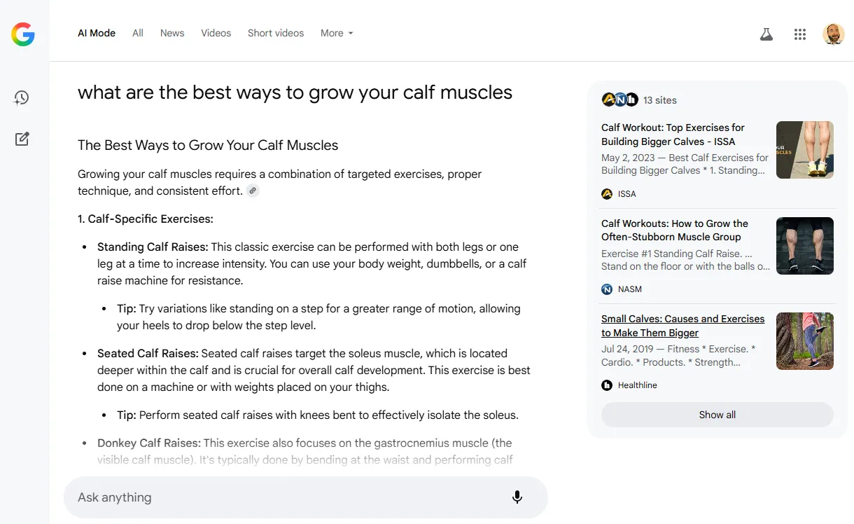 Google AI Mode answer for the question &ldquo;what are the best ways to grow your calf muscles&rdquo;