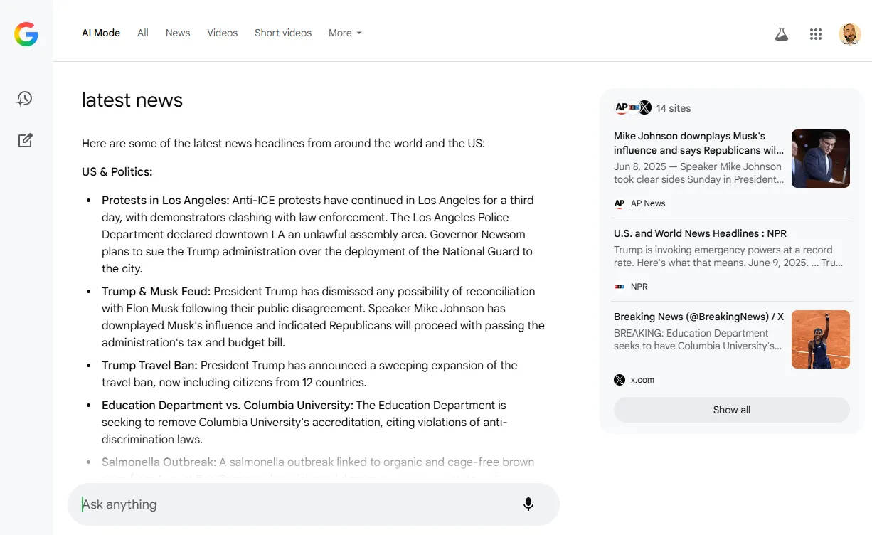 AI Mode answer for the &lsquo;latest news&rsquo; query