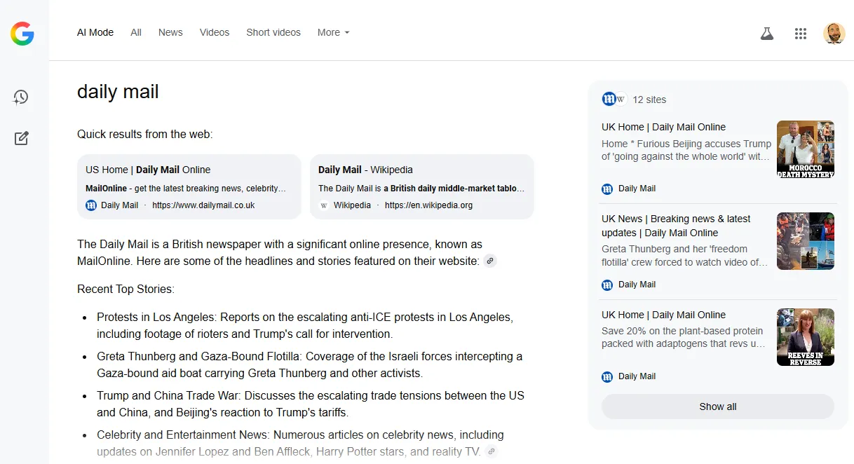 A brand search for &lsquo;daily mail&rsquo; in Google AI Mode provides a link to the site&rsquo;s homepage at the top of the response (Image credit: Barry Adam