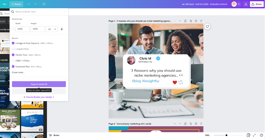 screenshot of canva resizing tool