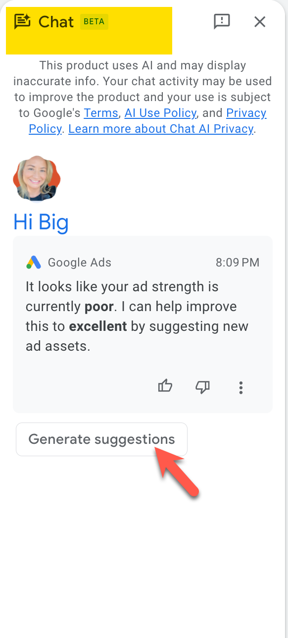 Screenshot chat beta help in google ads