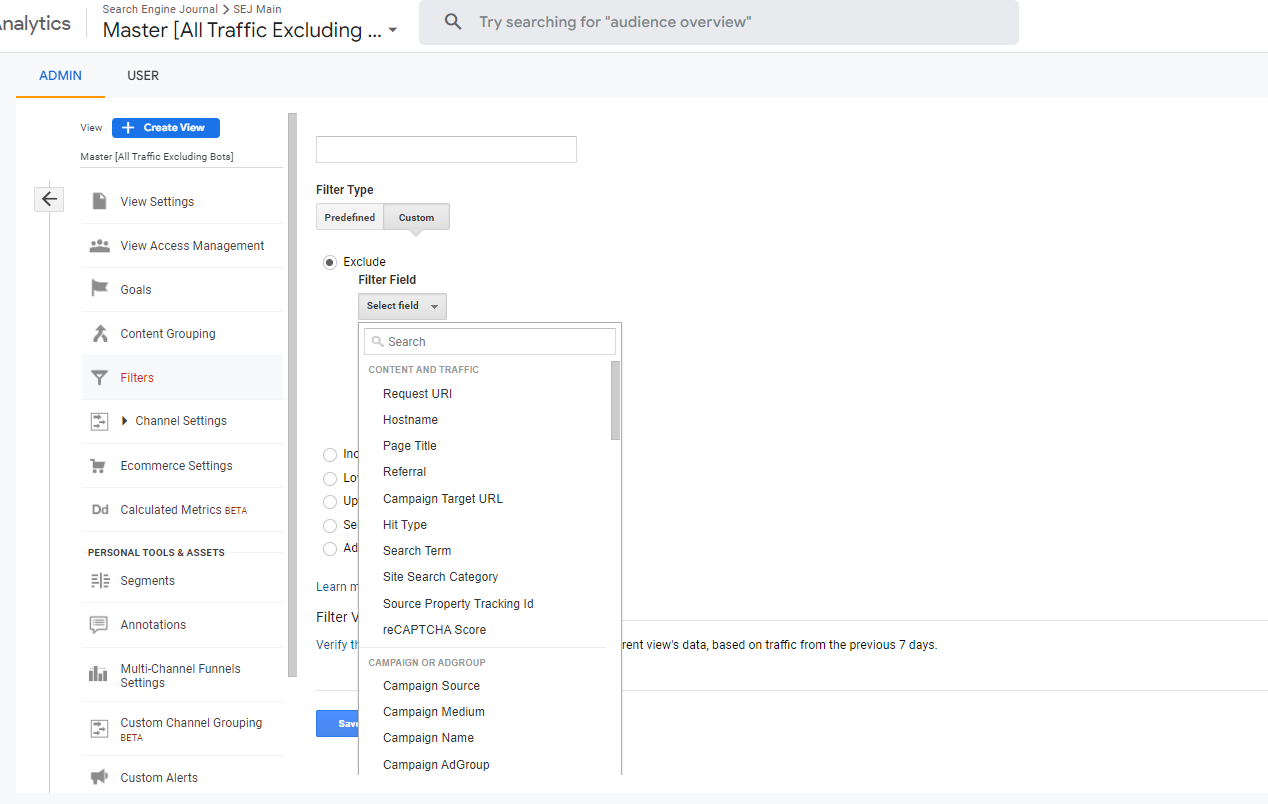 Universal Analytics Filters UI