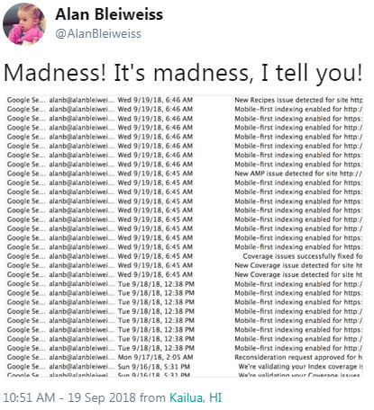 Screenshot of a tweet featuring a screenshot of an email inbox with Google Search Console notices.