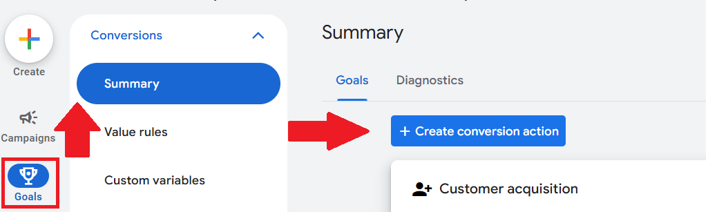 Where to find conversion actions in Google Ads.