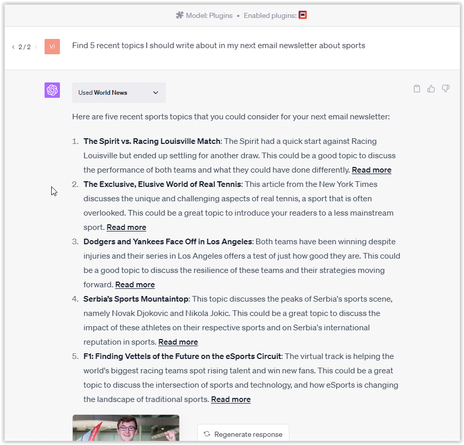 Prompt for 5 recent sports topics 