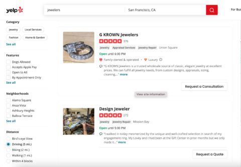 screenshot of yelp profiles