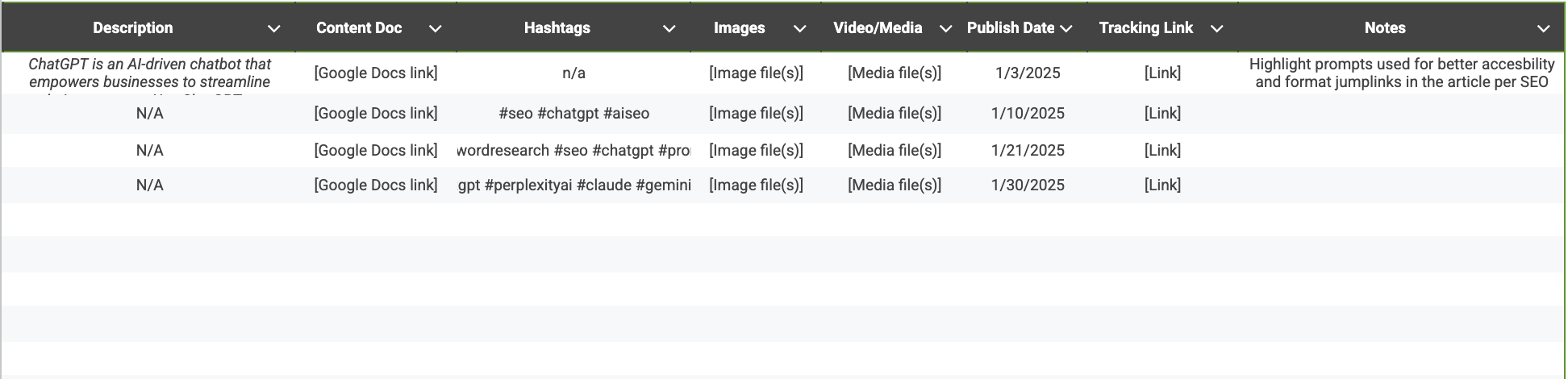 Fill out columns: Social Media Planner Template