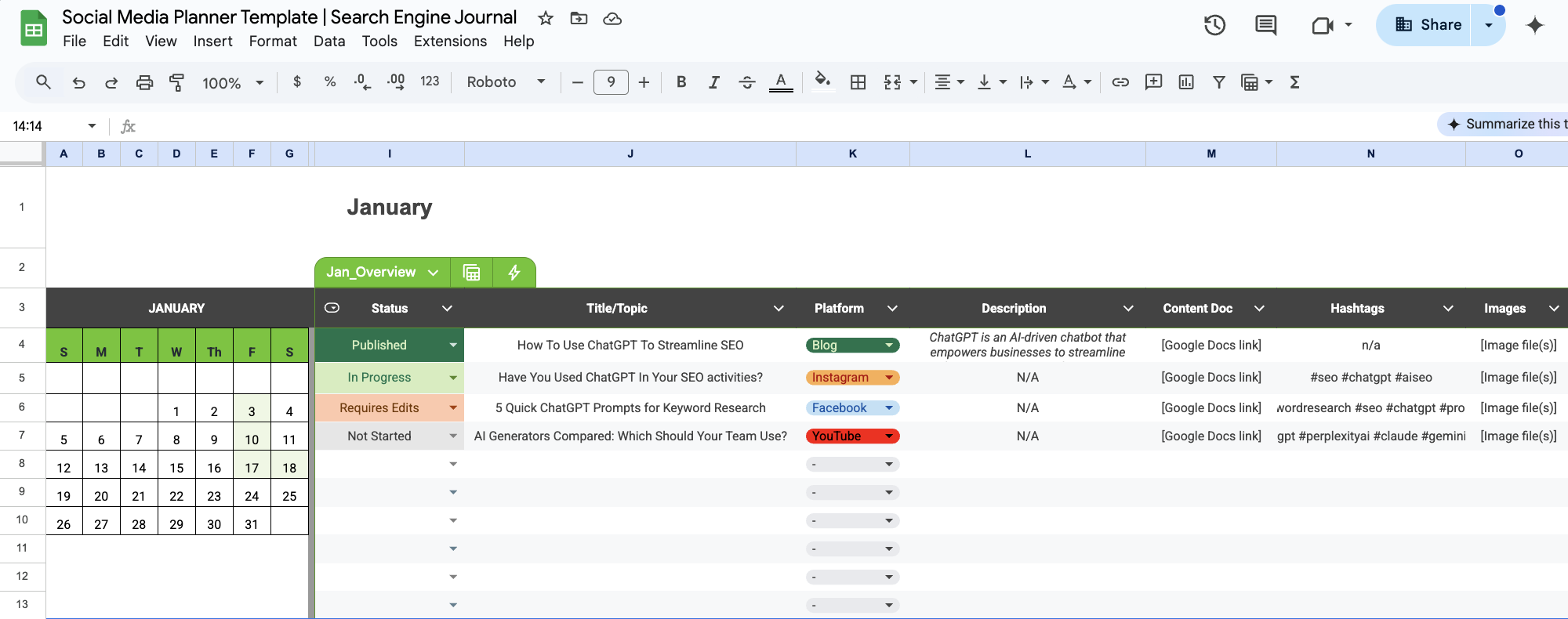 Fill out first few columns: Social Media Planner Template