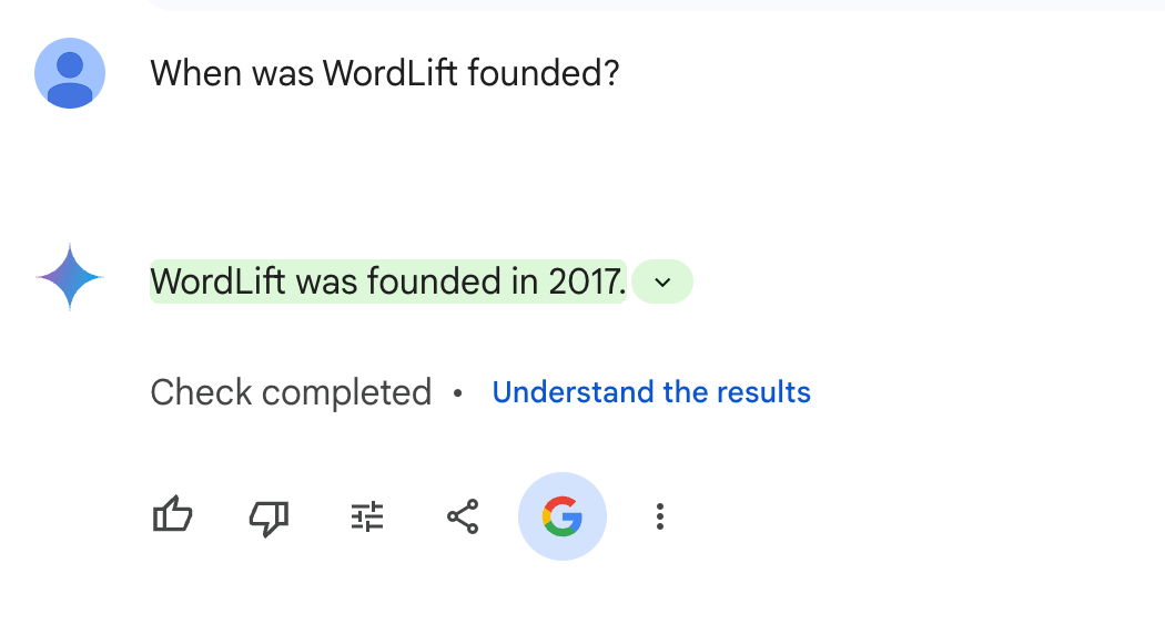 Asking “When was WordLift founded?” to Google Gemini.