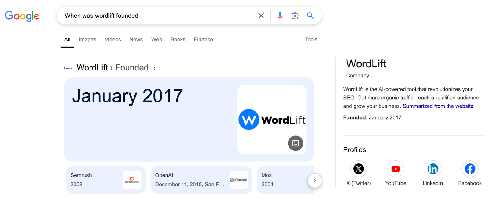 WordLift's Entity Knowledge Graph Panel on Google Search - Foundation Year.