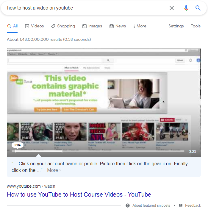 Video featured snippet example.