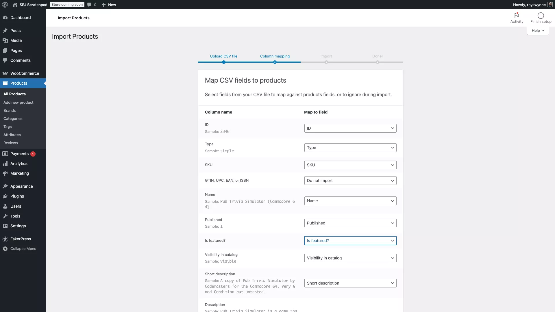 A screenshot of the WooCommerce Importer, the mapping fields page.
