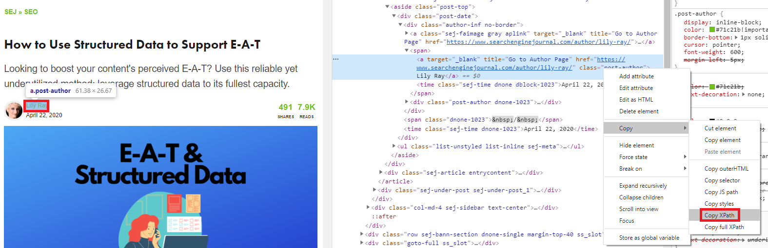 use xpath to extract HTML author name